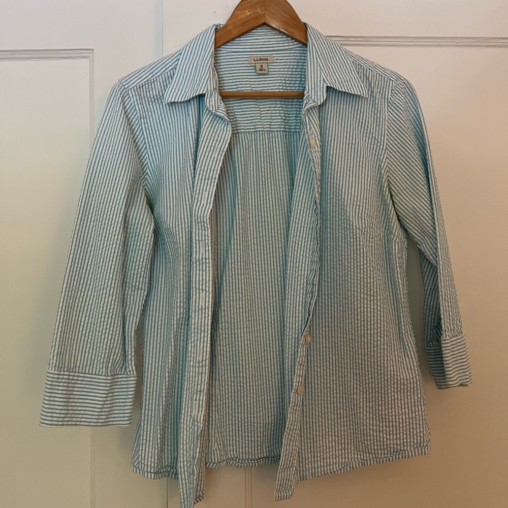 L.L. Bean light blue seersucker button down shirt